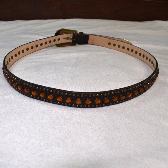 Western Rhinestone Studded Leather Belt Dark Brown XL Orange Stones - Picture 3 of 10